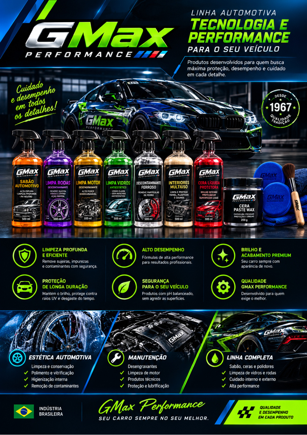 Capa do folder moderno da linha automotiva GMAX